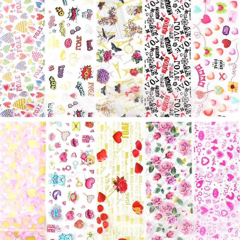 10ks/sada Fólie na nehty Květinová krajka Leopard Mramor Samolepky na nehty Obtisky Starry Sky Paper Nail Art Dekorace
