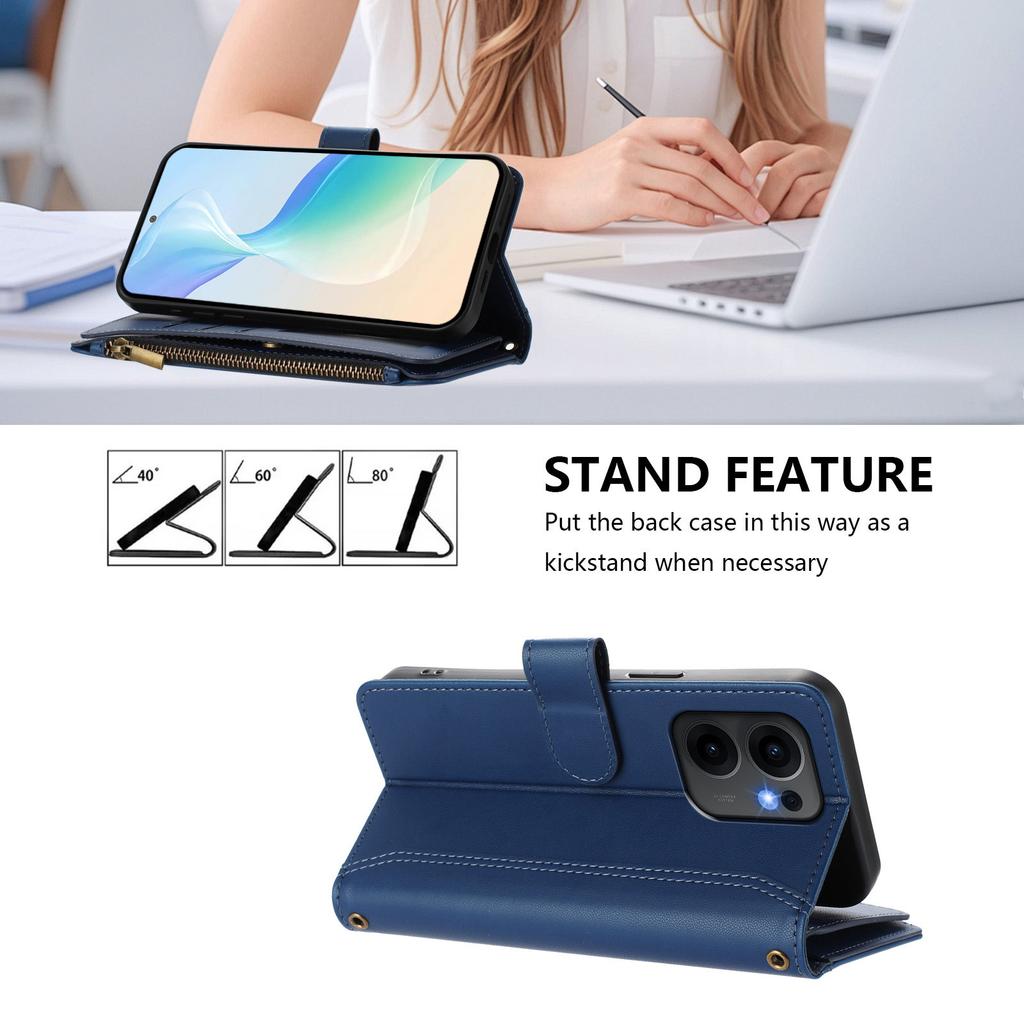 For Oppo Reno13 F 5G (Reno 13 FS 5G)/4G Leather Case 9 Card Slots Zipper Wallet Stand Phone Cover with Wrist Strap