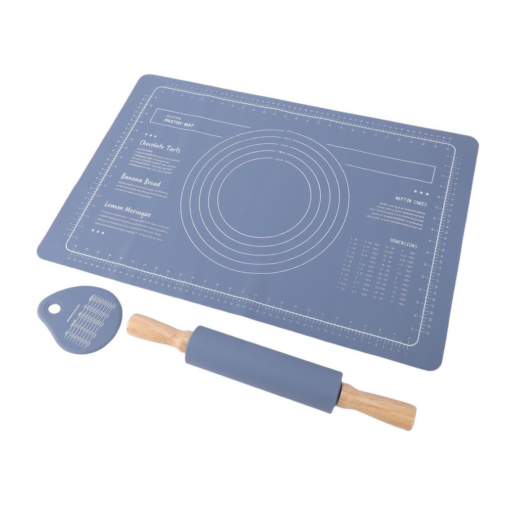 Rolling Pin Pastry Mat Set With Measurements Cutter Anti Slip Thick Silicone Baking Dough Rolling Sheet for Pizza Pies