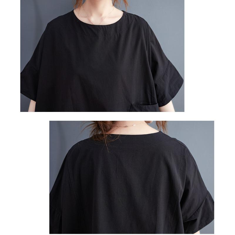 DIMANAF 2024 Neues Übergrößenkleid Sommer Damen Locker Uni Tasche Strand Basic Baumwolle Lässig Große Größe T-Shirt-Kleid