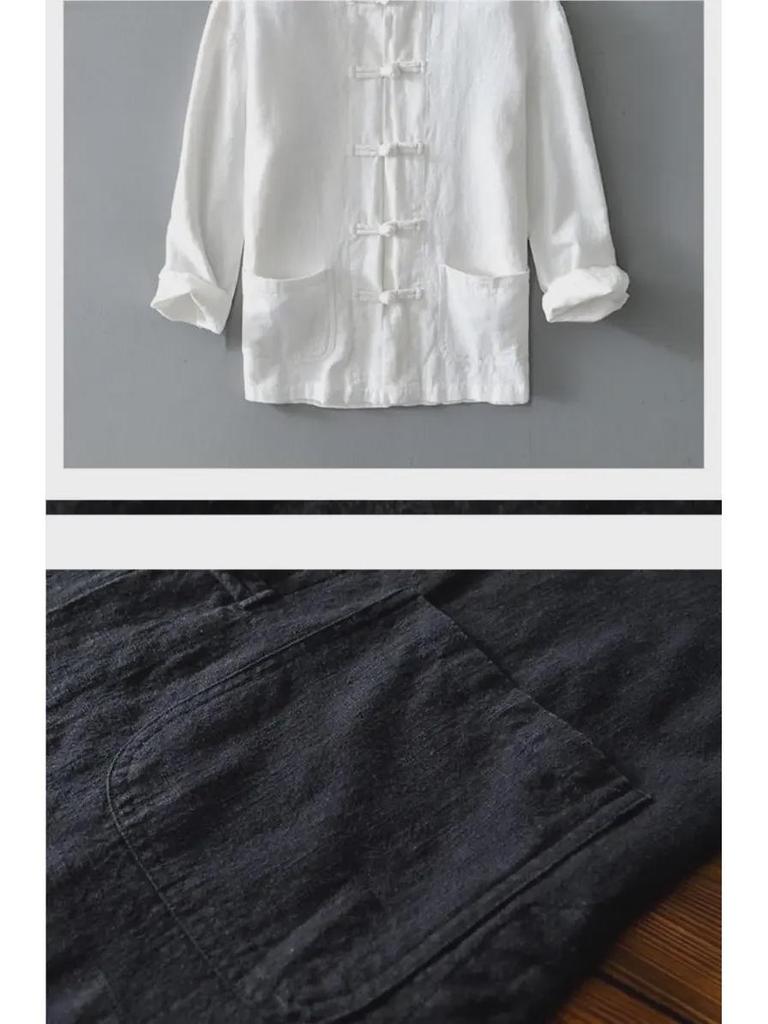 Men's Long-Sleeve Chinese Retro Ramie Shirt - Tang-Style Cotton Linen Jacket for Spring/Summer
