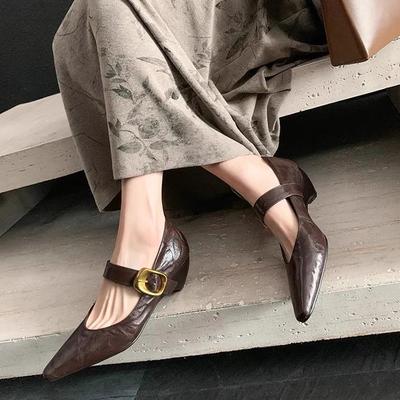 Cowhide Version Retro Gold Buckle Genuine Leather Pointed Thick Heel Light Mouth Single Shoes Women's One-word Buckle with Wedge Heel Mary Jane Shoes