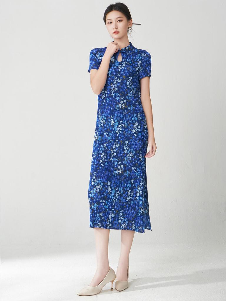 Miyake Retro Elegant Print Stand Collar Mid-Length Qipao