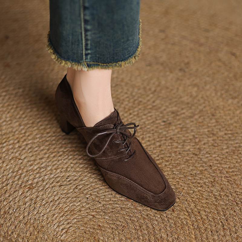 Krazing Pot Sheep Suede Autumn Winter Shoes Stiletto Med Heels Lace Up Size 43 Size 42 Pointed Toe Deep Mouth Pumps