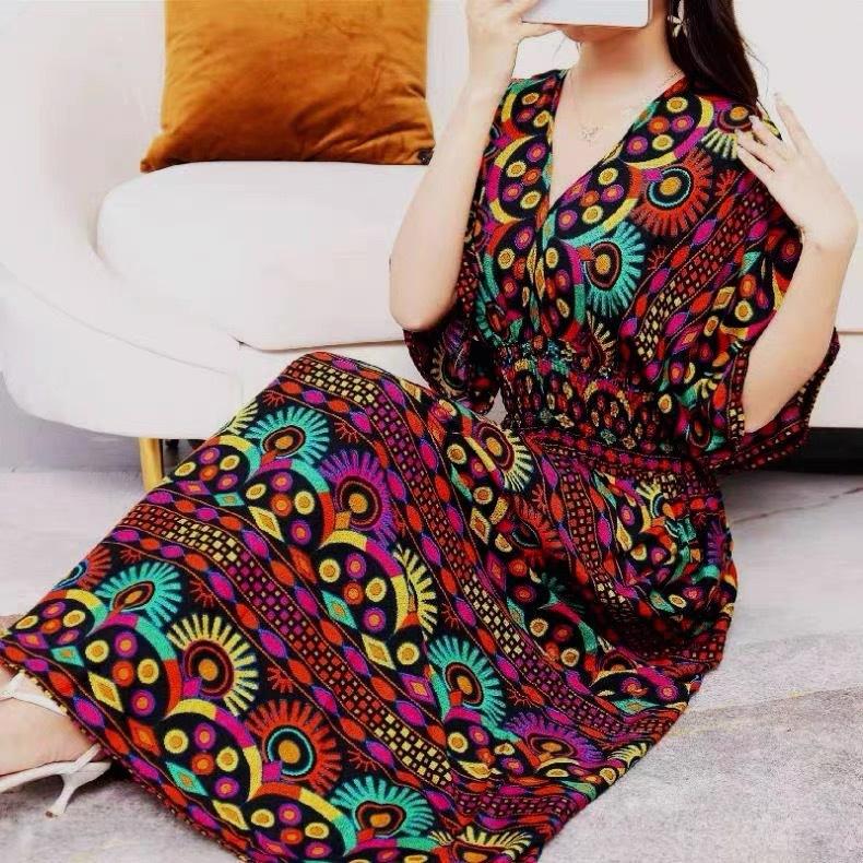 Ethnic Style V-neck Cotton and Silk Short-sleeved Beach Dress Thailand Travel Dress Summer Print Vacation Floral Skirt