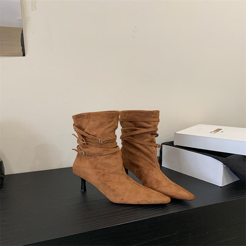 

Rich, Belt Buckle Skinny Pile Boots Pointed Skinny High Heel Medium Boots Vintage Pleated Western Cowboy Boots 39 коричневый