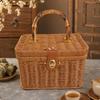 Rectangular Lidded Wicker Basket Sturdy Woven Container with Handle Easy