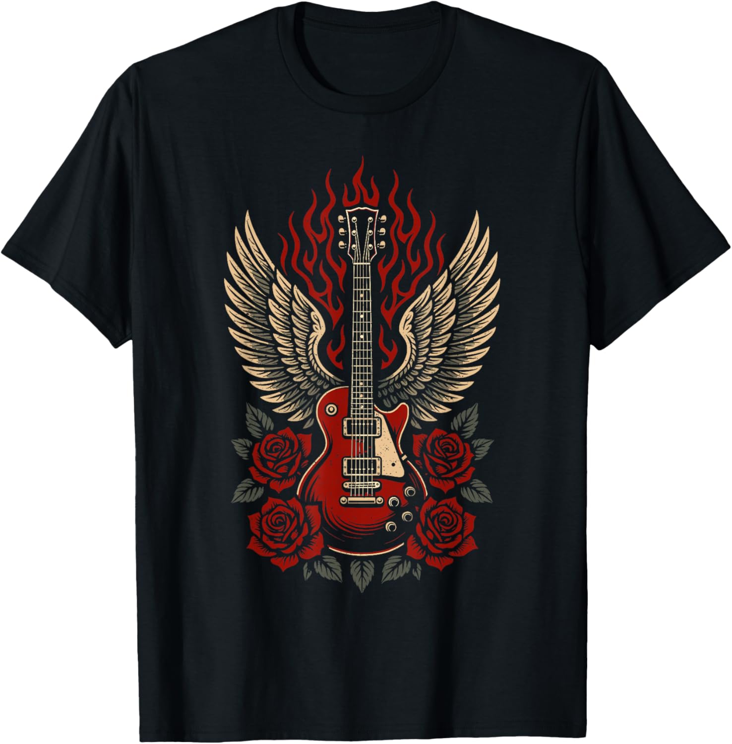Vintage Electric Guitar Wings Roses Rock Graphic T-Shirt S разноцветный
