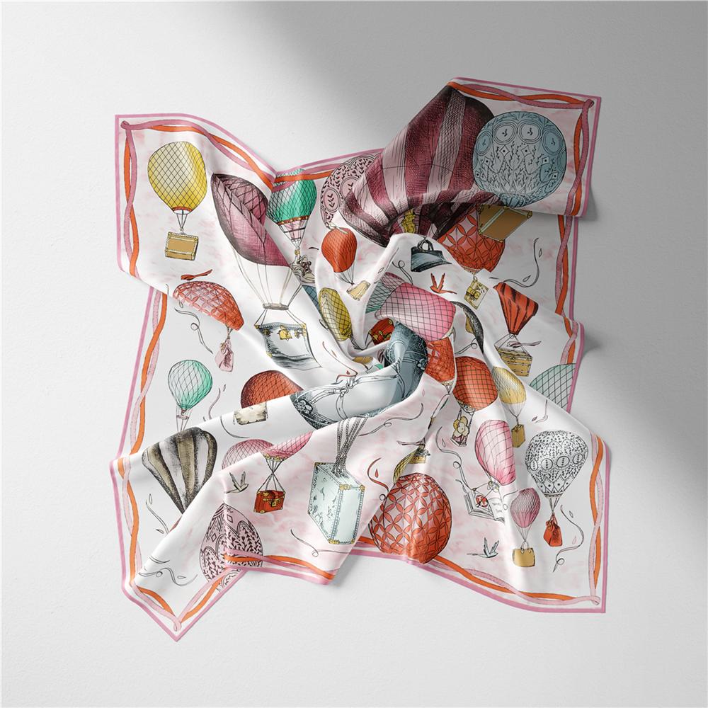 Twill Silk Scarf Women Hot Air Ballon Painting Square Scarves Wraps Bandana Small Hijabs Silk Foulards Tie Headband 53CM