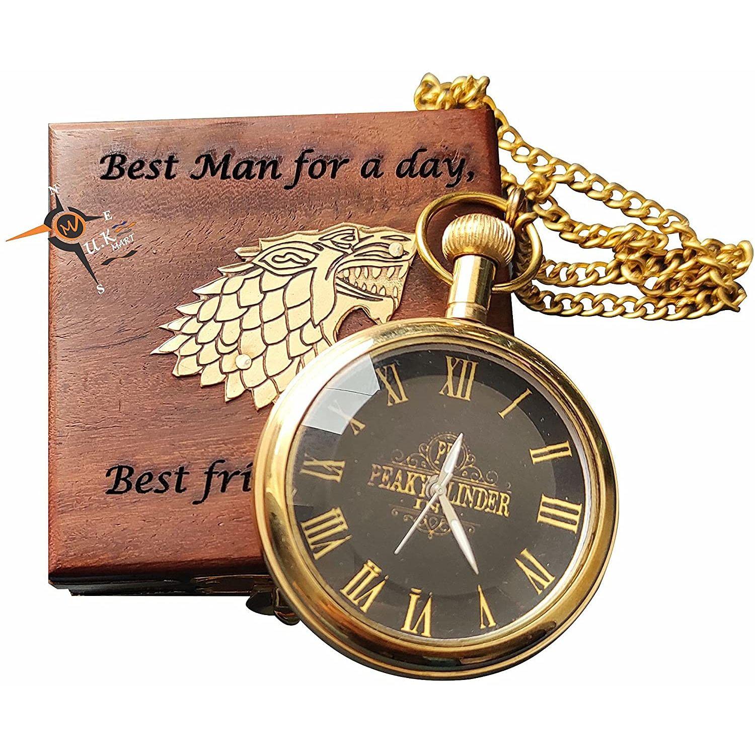 

COMPASS Унисекс Карманные Аналоговые Часы из Латуни с Деревянной Коробкой, Циферблат-Коричневый, Ремешок-Золотой