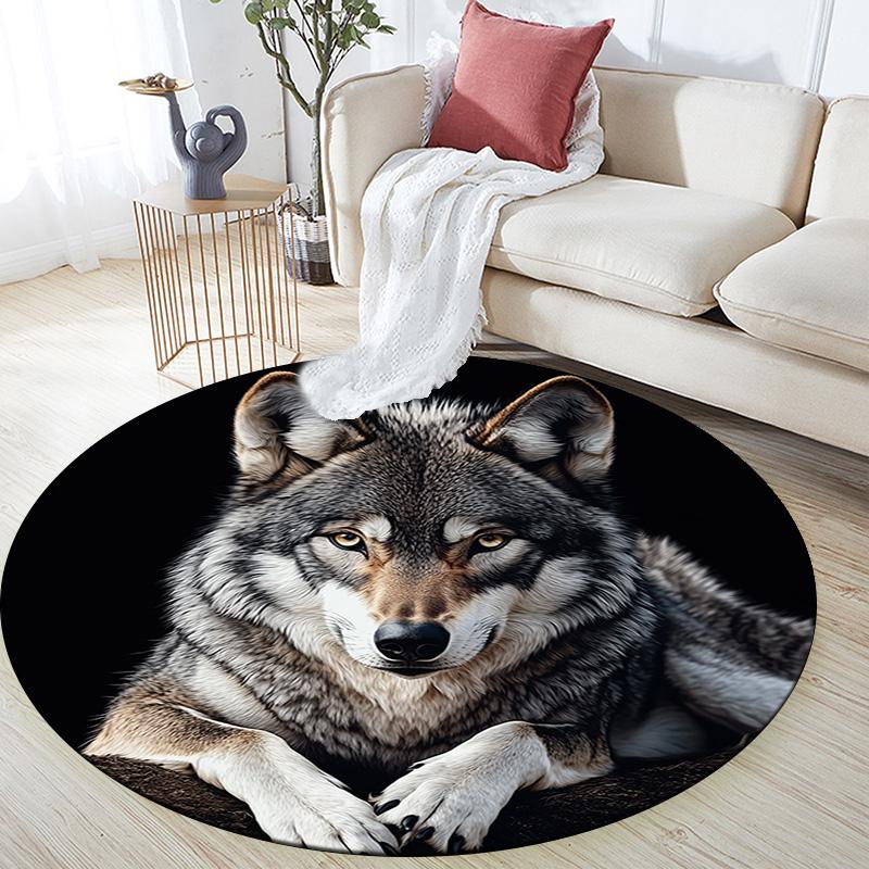 Gray Wolf Round Area Rug,Carpet Rug for Living Room Bedroom Sofa Playroom Decor,Non-slip Floor Mat