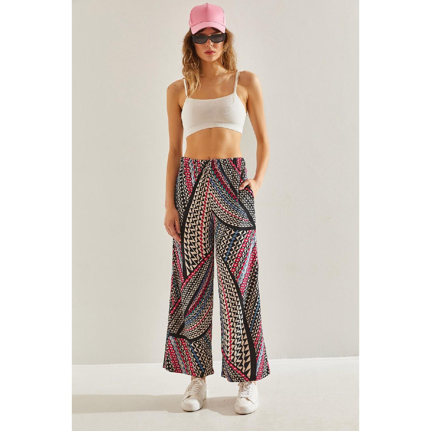 

Women s Ethnic Patterned Wrinkled Palazzo Trousers 60251149 M розовый