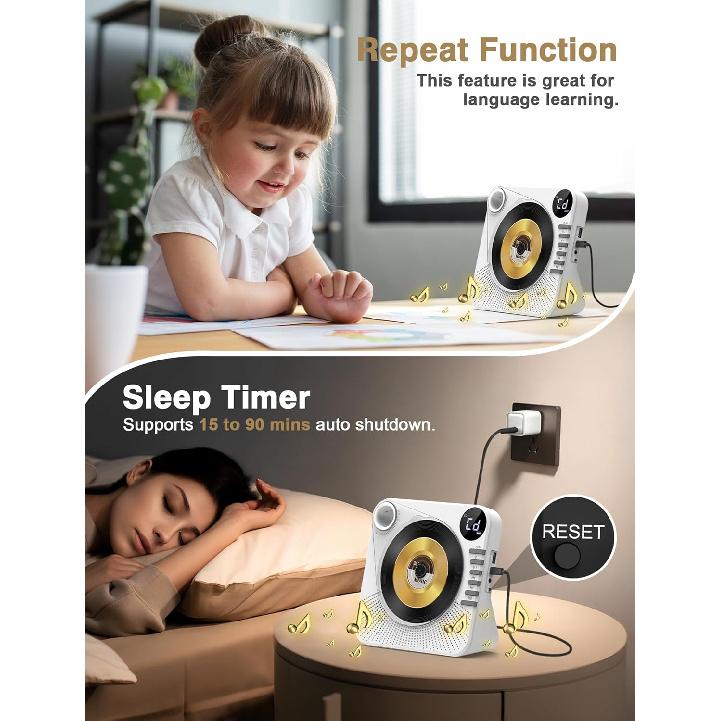 Desktop CD Player Bluetooth with HiFi Dual Speaker, CD Player with Remote Control,Dust Cover,LCD Display,Sleep Timer,USB/AUX/3.5mm Earphone Jack