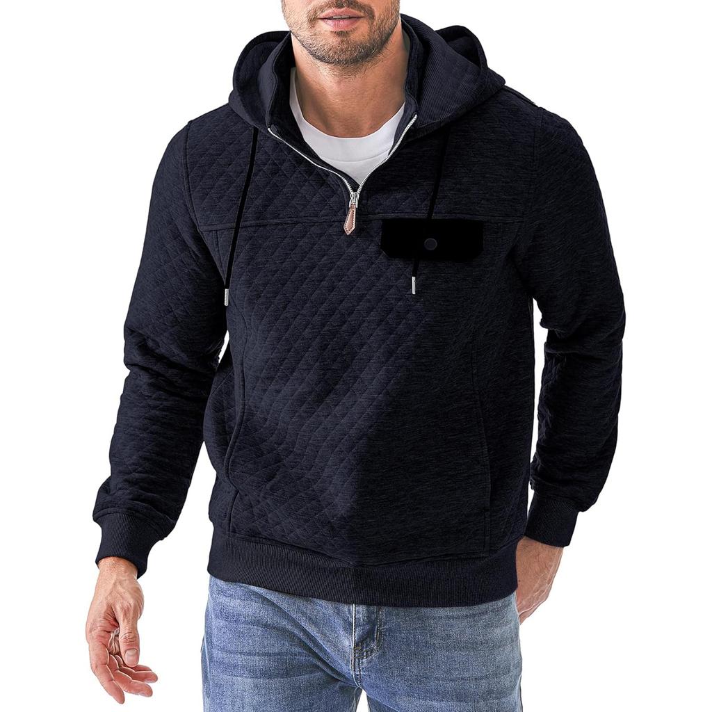Men's Solid Color Plaid Hooded Sweatshirt Men's Casual Pocket Half Zipper Hooded Sweatshirt