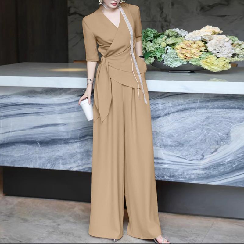 ZANZEA Womens Casual V-Neck Half Sleeve Wrap Tie Top and Loose Pants Two Piece Suit Sets
