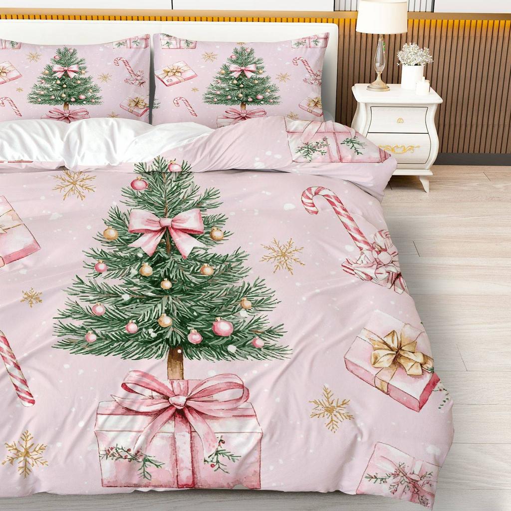 3-teiliges Weihnachtsbaum- & Zuckerstangen-Bettbezug-Set - Weiches Rosa & Goldene Bettwäsche mit Reißverschluss, Ganzjährig Kuschelig Dekorativ