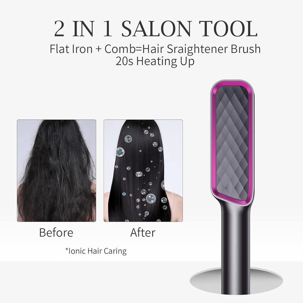 Ionic Hair Straightening Brush,2-in-1 Ionic Straightening Brush with Anti-Scald Function,LED Indicator,Portable Straightening Comb for Home,Travel