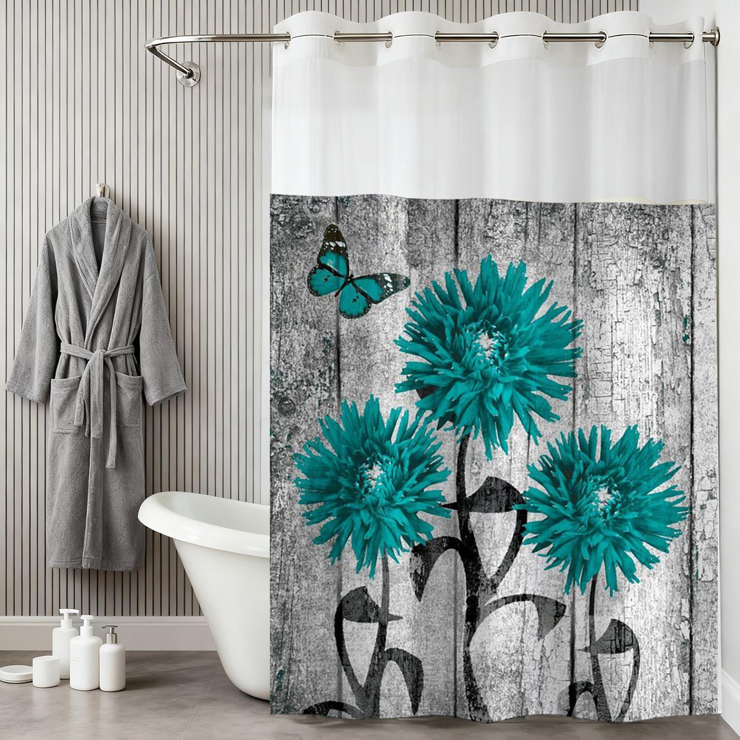 

No Hook Floral Pattern Shower Curtain With Snap-In Fabric Liner Sheer Top Window, Waterproof Double Layer Bathtub Curtain W60H190(CM)-1 Pcs