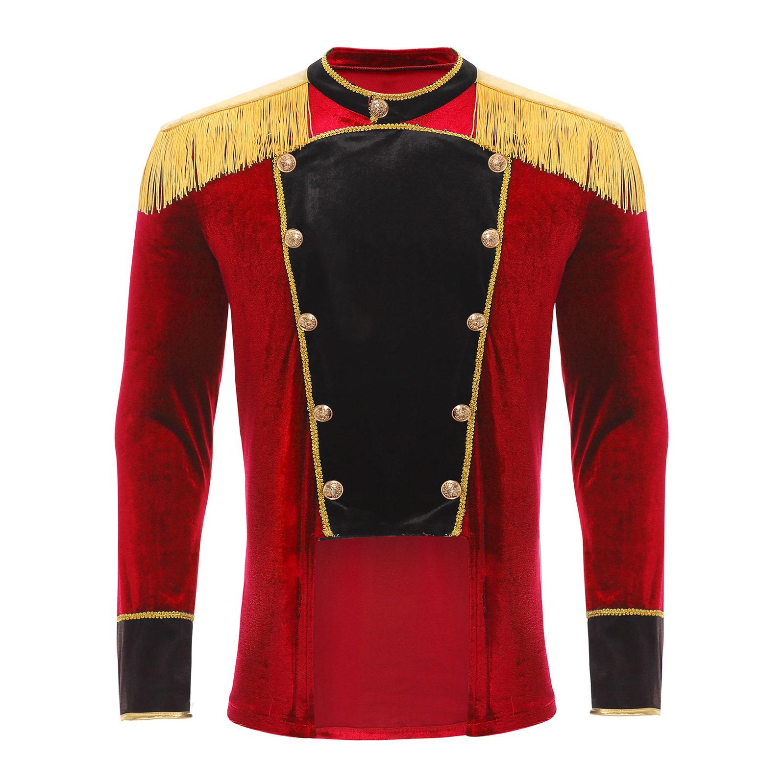 

Мужской бархатный цирковой пиджак инспектора манежа с золотой бахромой на эполетах, высокий и низкий подол, костюм для выступлений M красный