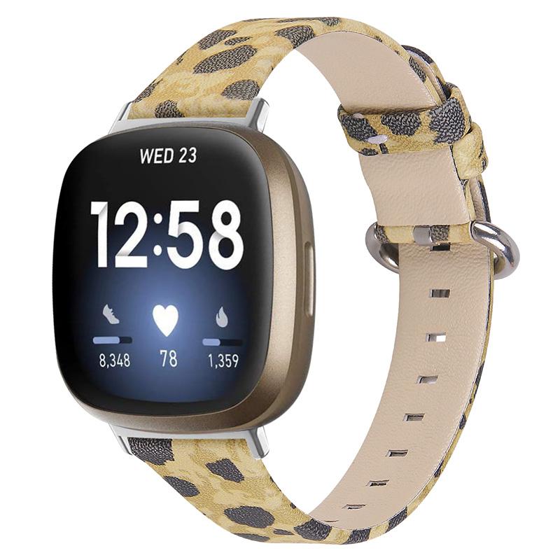 Genuine Cowhide Leather Leopard Texture Smart Watch Strap Adjustable Wristband for Fitbit Versa 3/Fitbit Sense
