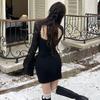 Pure Desire Style Black Long-sleeved Dress Women's Autumn Lace Splicing Slim-fitting Short Skirt Showing Figure Waist and Hip Skirt