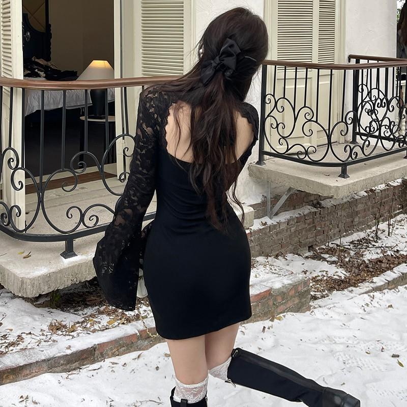 Pure Desire Style Black Long-sleeved Dress Women's Autumn Lace Splicing Slim-fitting Short Skirt Showing Figure Waist and Hip Skirt