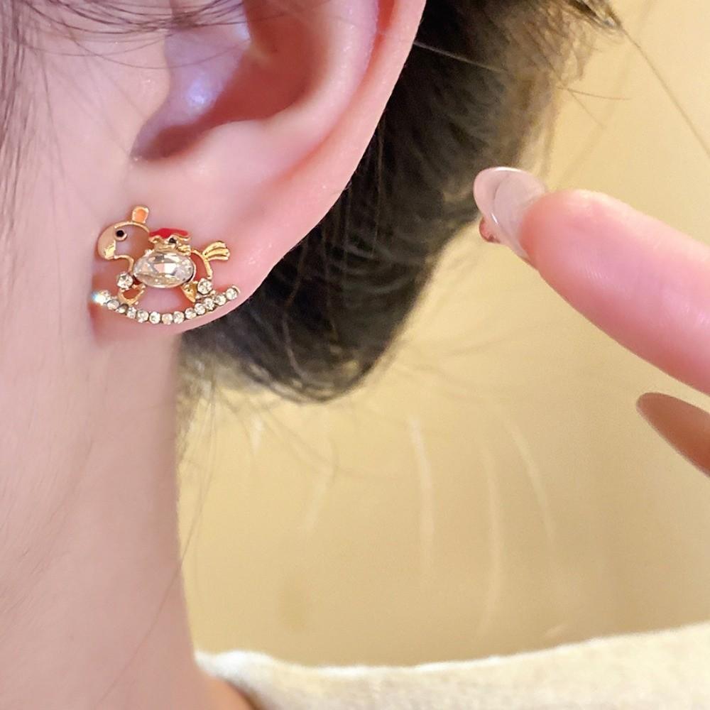 Rhinestone New Year Horse Earrings Hollow Rocking Pony Red Drop Earrings Wedding