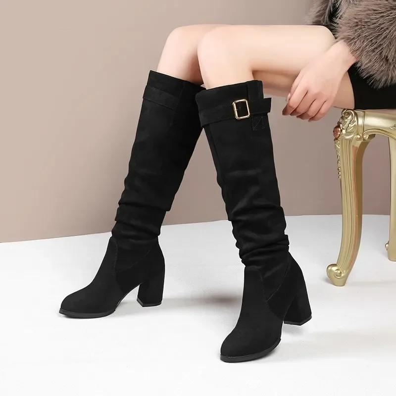 Women's Suede Pointed Toe Knee High Boots, Solid Chunky Heel Long Boots, Fashion Winter Shoes