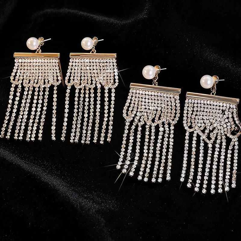 Exquisite Rhinestone & Pearl Tassel Stud Earrings - Niche Design, Bold and Versatile with High-End Appeal