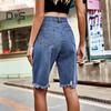 Women's High Waisted Distressed Bermuda Denim Shorts Knee Length Ripped Stretchy Jean Shorts with Pockets Frayed Hem Short Pants