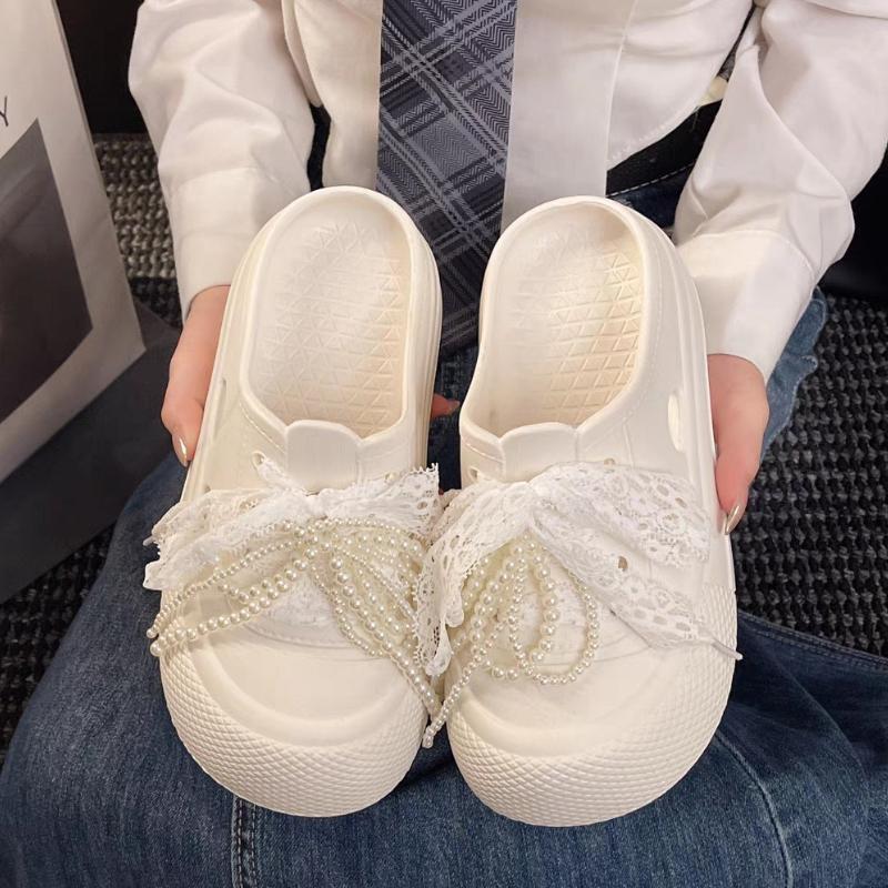 Fashion 2025 New Summer Shoes Platform Slippers For Women Indoor Beach Slides DIY Lace Pearl Bow Knot Clogs Girls Fashion Sandals