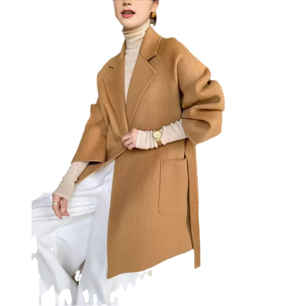 Women's High-End Double-Faced Wool Coat - New Autumn/Winter Style, Loose Mid-Length, Tie-Waist, 100% Wool Fashion Coat.