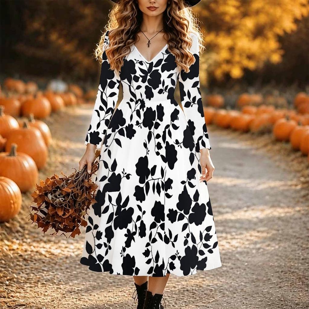 Halloween Women's Floral Pattern Print Midi Dress A Line Dress Vacation Casual Daily Regular Fit Long Sleeve V Neck Black Spring Fall