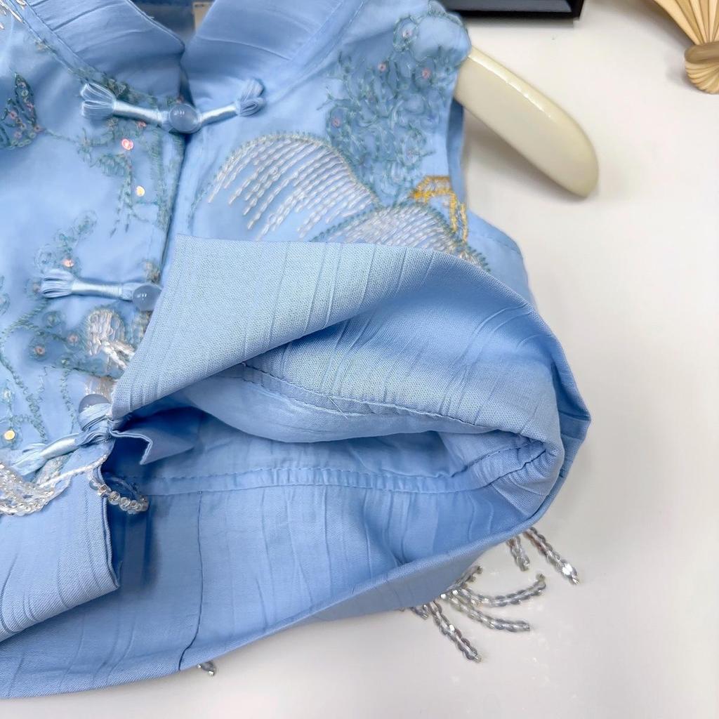 Girls' Summer Embroidered Tassel Vest & Long Pants Set