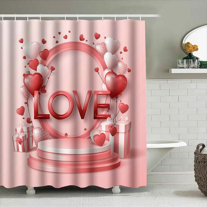 Pink Red Heart Balloon Shower Curtain Romantic Decor Bathroom Accessories Gift For Valentine'S Day Decoration