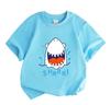 Kids Boys Girls 100% Cotton Crew Neck Short Sleeve T-Shirt, Cute Cartoon Laughing Shark Pattern Casual Summer Soft Breathable Tees for Daily Wear Holi
