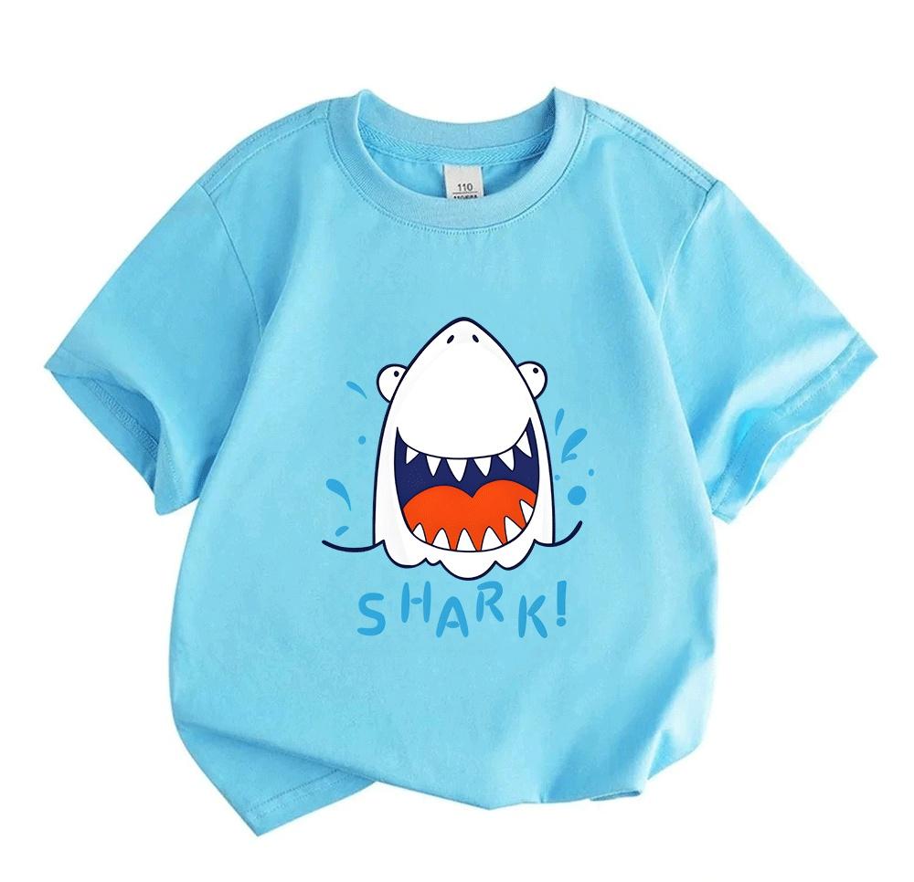 Kids Boys Girls 100% Cotton Crew Neck Short Sleeve T-Shirt, Cute Cartoon Laughing Shark Pattern Casual Summer Soft Breathable Tees for Daily Wear Holi
