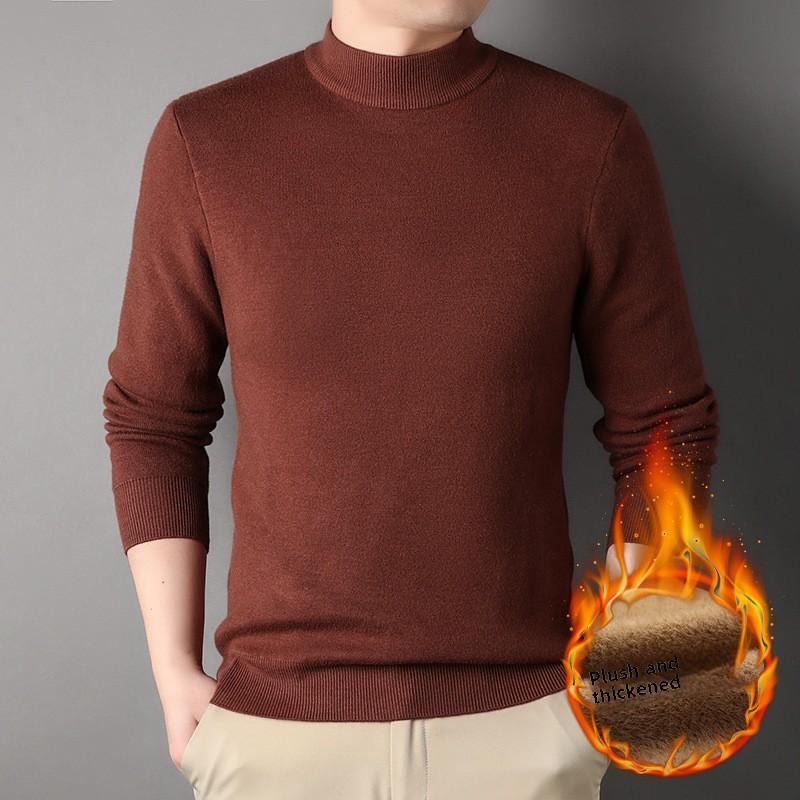 New Winter Men's Solid Color Fleece Thickened Integrated Fleece Knitted Sweater Semi-turtleneck Men's
