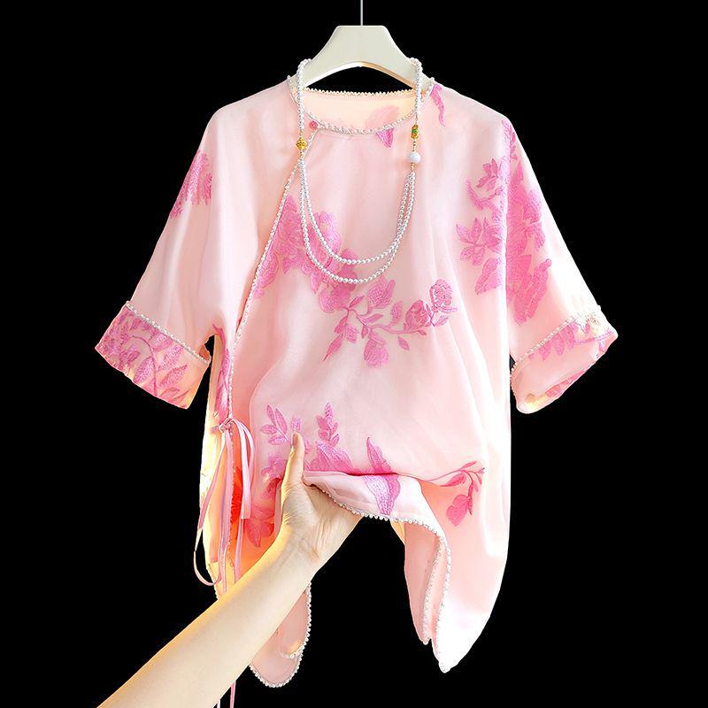 

Летний женский ретро китайский шифоновый топ с вышивкой и застежкой панькоу Extra Large