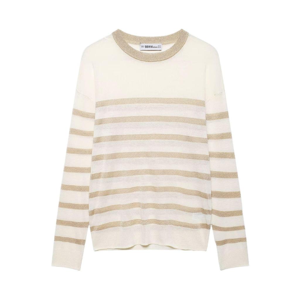 2026 Spring Women's Metallic Thread Knit Striped Sweater - European & American Style, Round Neck, Color 7174