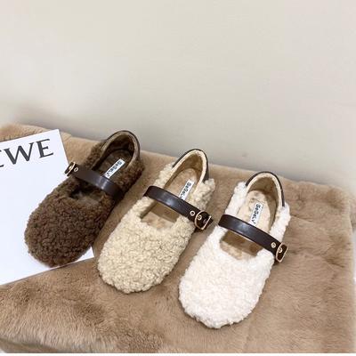 Moda Wiosna Jagnięca Wełna Kobiety Baleriny Płaskie Buty Moda Płytkie Wsuwane Damskie Futrzane Buty Mary Jane Miękkie Outdoorowe Buty Babcine