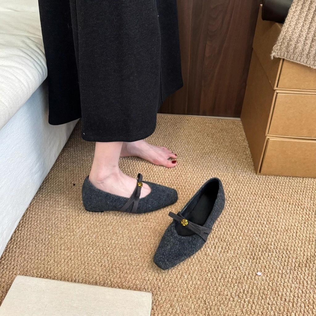 Bow season Mary Jane shoes women's small square head shallow mouth woolen plush warm ballet shoes