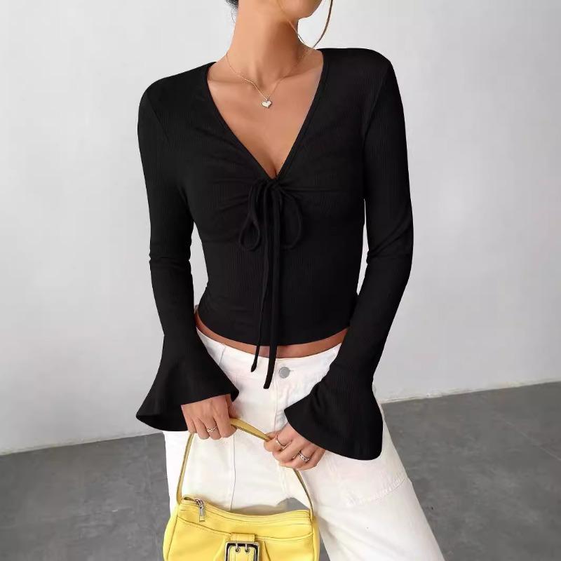 Women S Long Sleeve V Neck Flared Cuff Pullover T Shirt