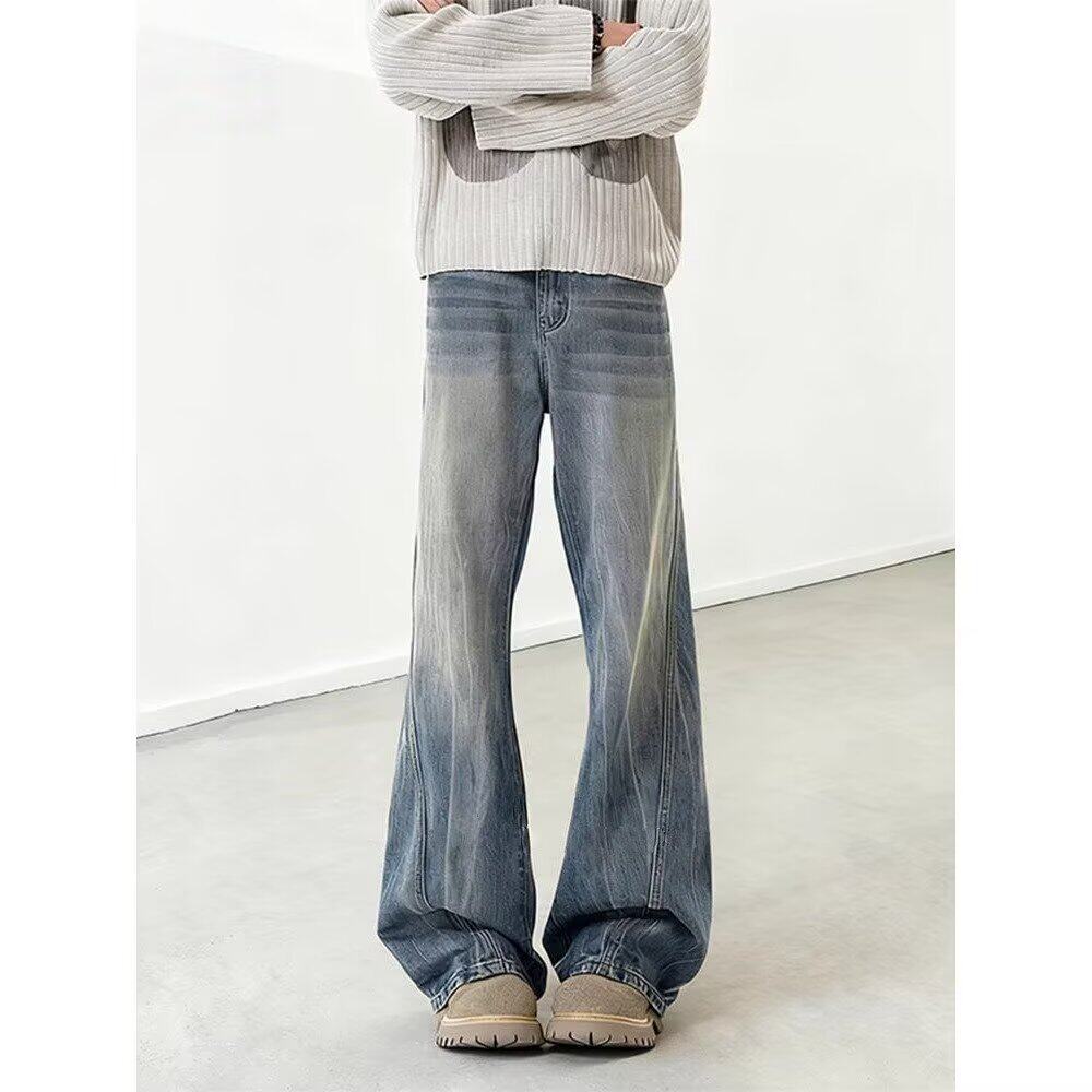 American High Street Washed Old Micro-pull Jeans Splicing Design Semi-elastic Waist Loose Straight Casual Trousers