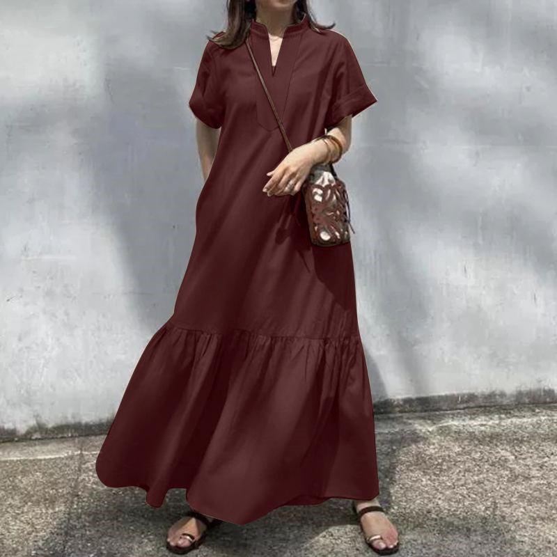 2025 Spring/Summer Women's V-Neck Stand Collar Short Sleeve A-Line Fishtail Long Dress