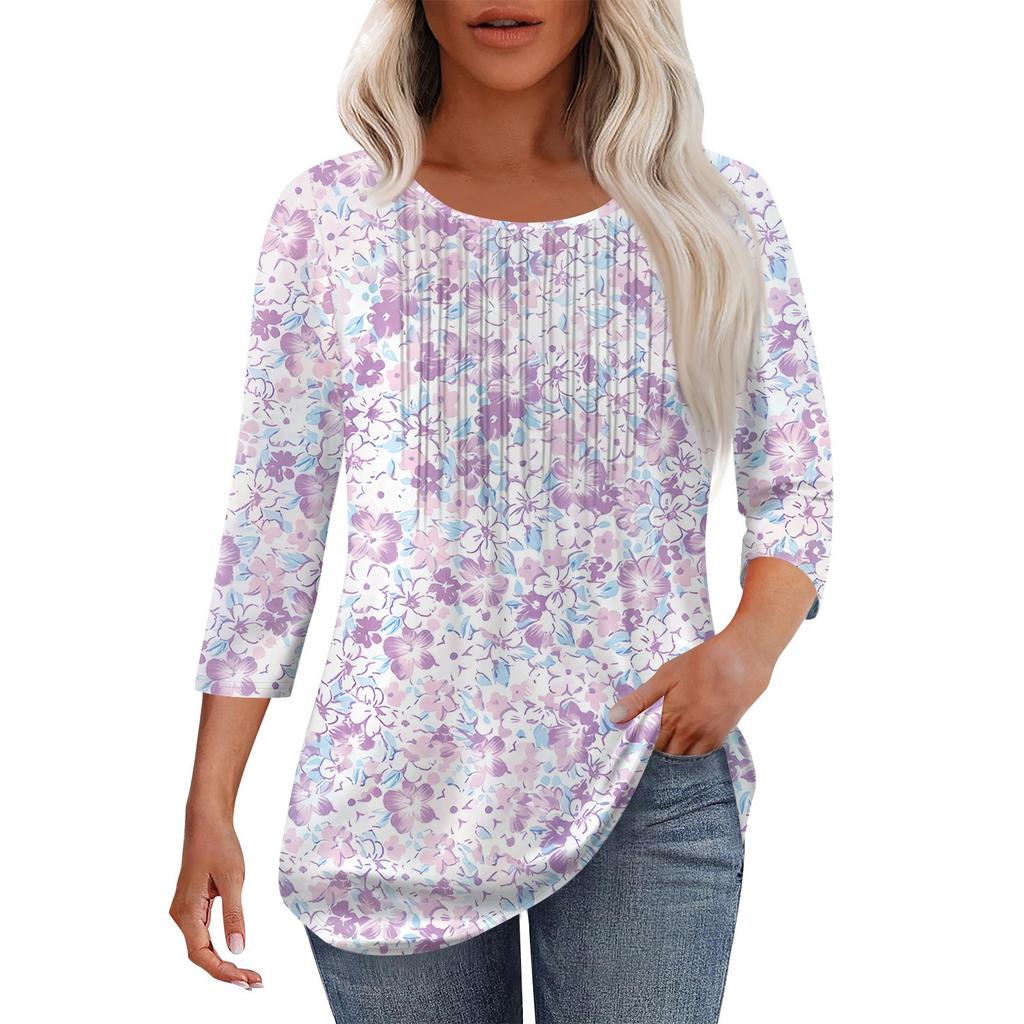 Women's Fashionable Casual Pleated Round Neck Casual Floral Print Seven Quarter Sleeved T-shirt Top