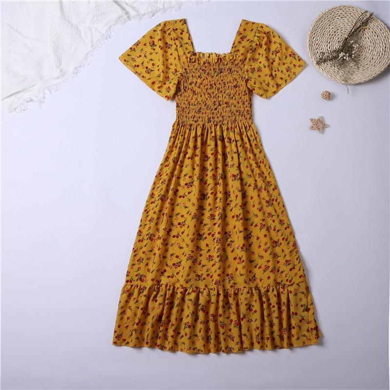 Chiffon Dress Women Dresses Female Short Sleeve Elastic Waist Printed Floral Pleated Backless Casual Dress