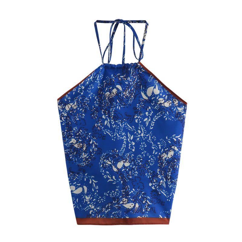 

Zbzr Spring New Women clothes Western Style Two-Color Selection Print Hanging Collar Vest Top Female 3739028 Blue L