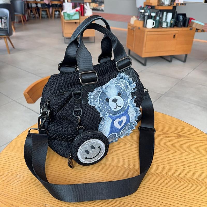 Fashion Bag Women's New Handbag Tote Bag Waterproof Nylon Shoulder Bag Cute Bear Sticker Versatile Messenger Bag with Small Bag
