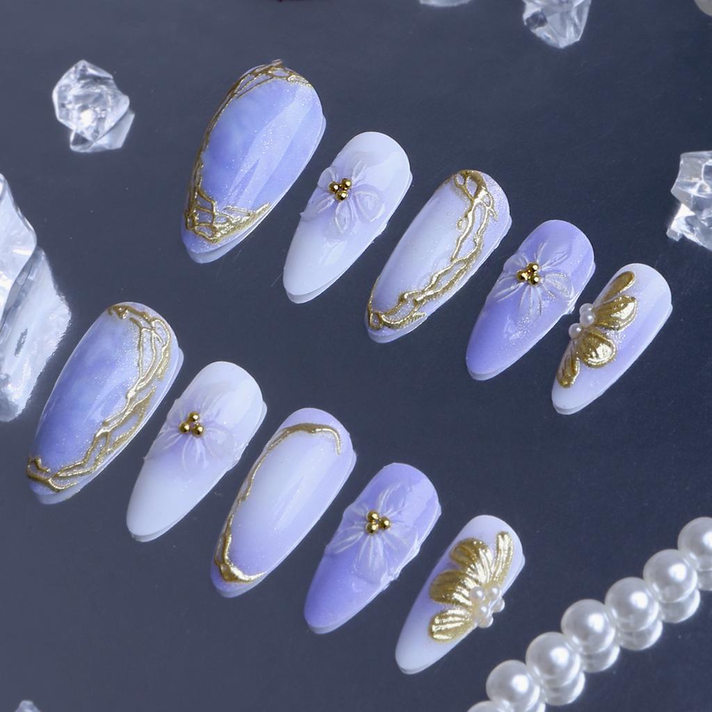 24-piece Almond-shaped Lace-edged Gold-plated Purple Gradient 3D Gel High-end Wearable Fake Nails